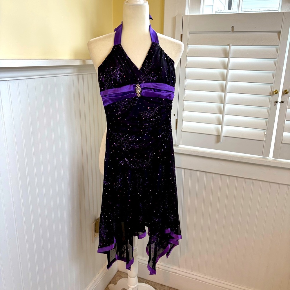 Deb Black & Purple Satin Trim & Sparkle Sequin Halter Dress Juniors Size Small